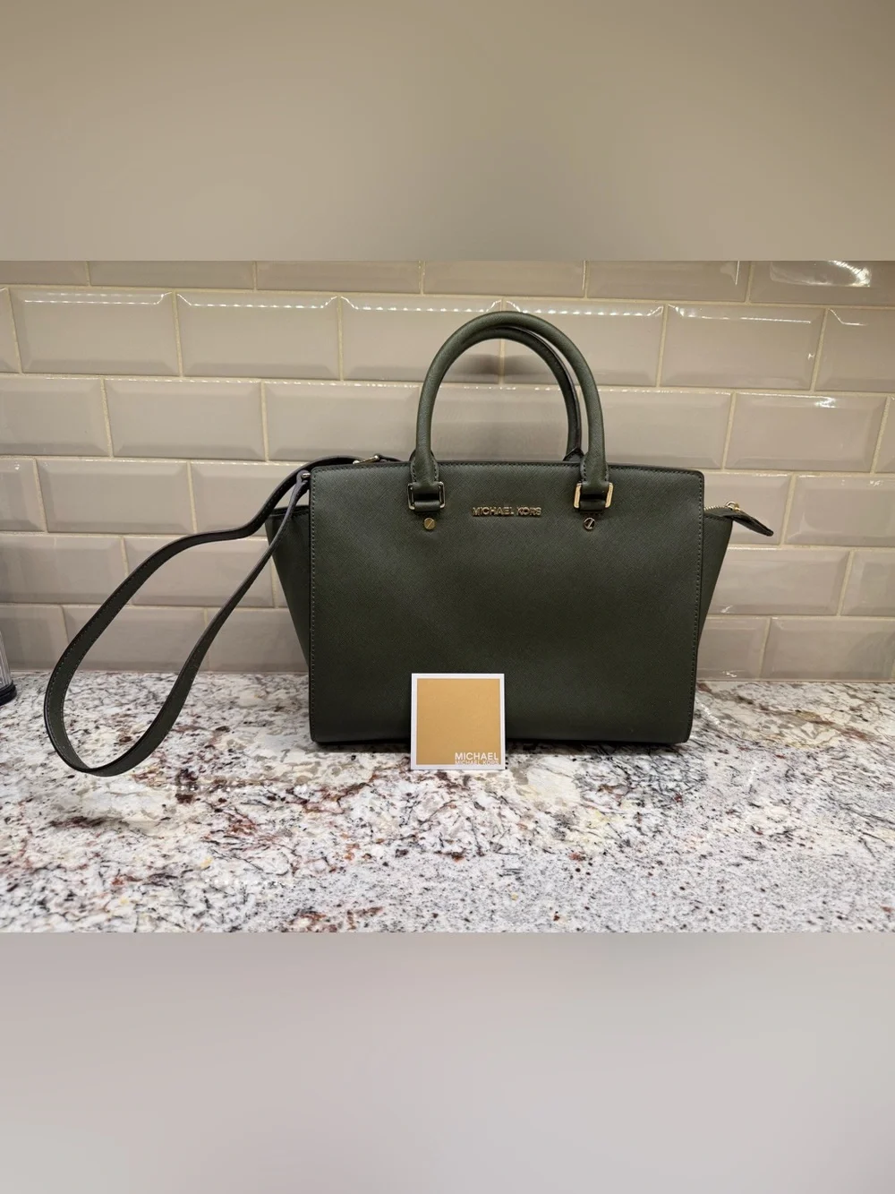 Michael Kors Dark Olive Saffiano Satchel with Shoulder Strap